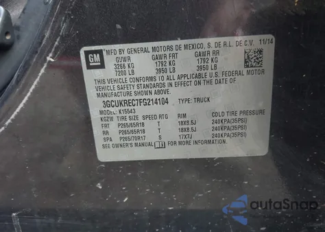 2015 Chevrolet Silverado 1500 1Lt из США, поврежденный, VIN 3GCUKREC7FG214104